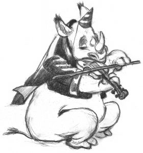 Nashorn mit Geige, Bleistiftskizze von Doris Eisenburger