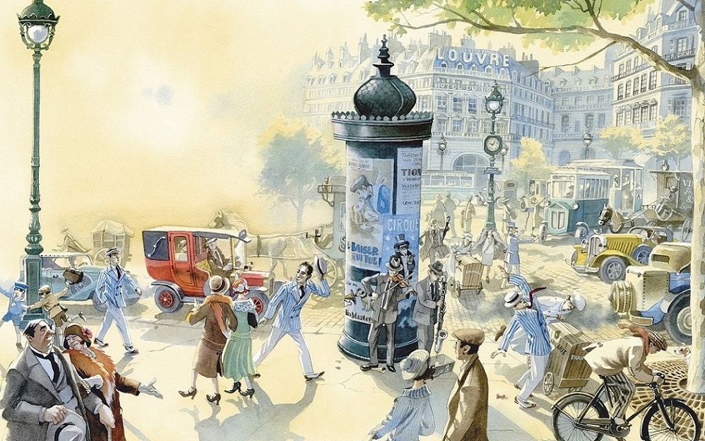 George Gershwin beim Spazieren auf Pariser Boulevard, gemalt von Doris Eisenburger