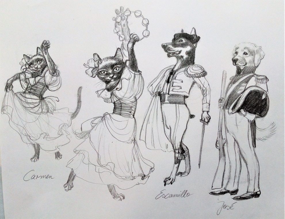 Skizzen von Figuren aus "Carmen", gezeichnet von Doris Eisenburger