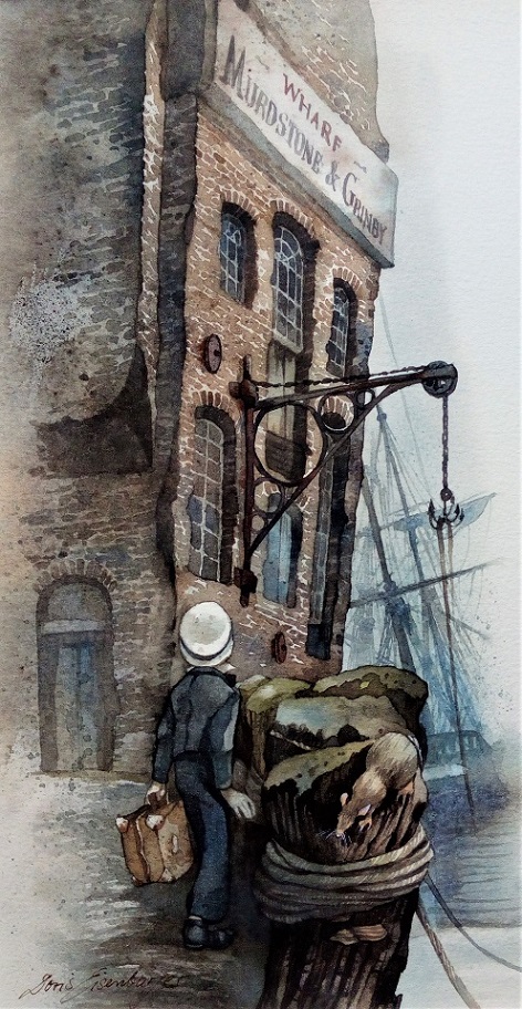 David Copperfield vor der Werft Murdstone & Grinby, gemalt von Doris Eisenburger
