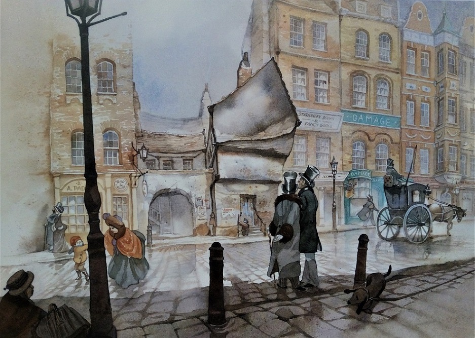 Das schiefe Giebelhaus in London, gemalt von Doris Eisenburger