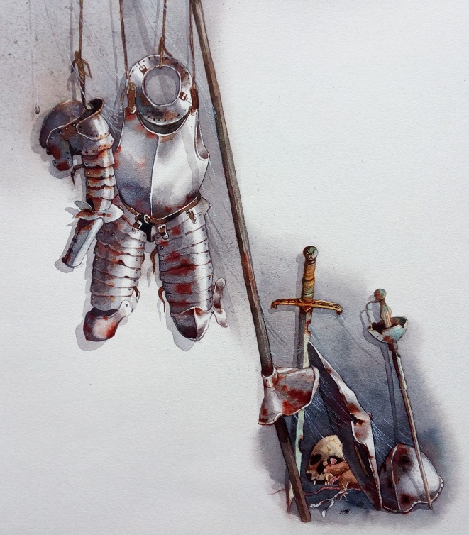 Angerostete Ritterrüstungen, gemalt von Doris Eisenburger