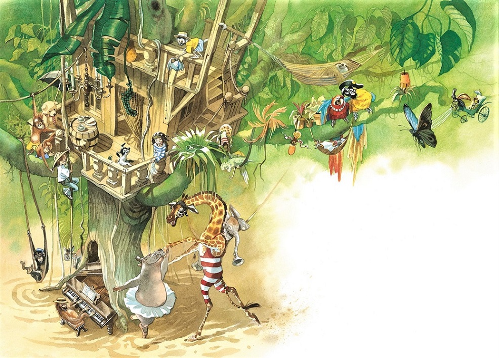 Kinder und Tiere im Baumhaus, gemalt von Doris Eisenburger