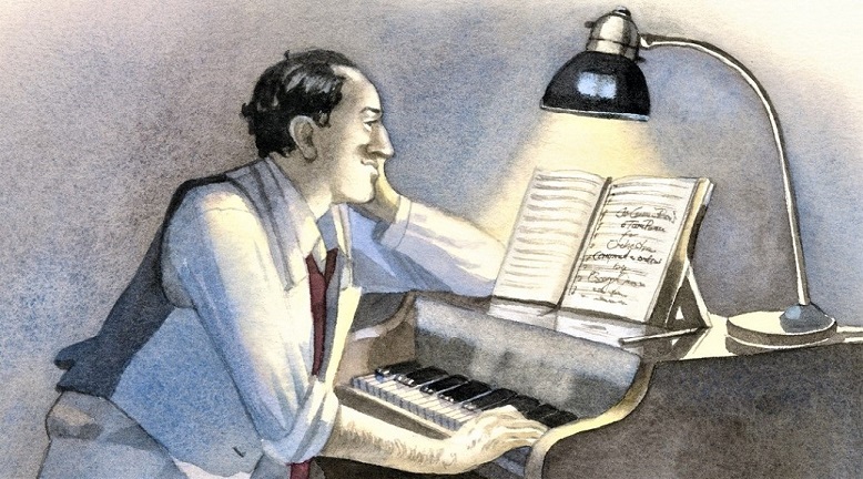 George Gershwin am Klavier, gemalt von Doris Eisenburger