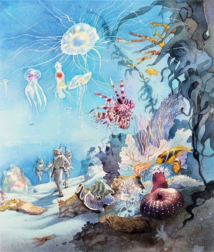 Unterwasserwelt mit Quallen und Tauchern, gemalt von Doris Eisenburger