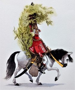 Münchhausen auf seinem Pferd mit Lorbeerbusch, gemalt von Doris Eisenburger