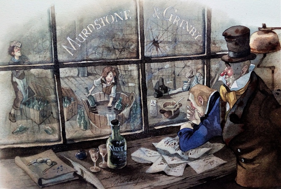 David Copperfield im Büro bei Murdstone und Grinby, gemalt von Doris Eisenburger