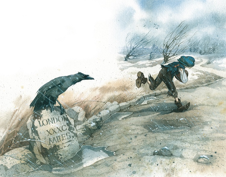 Fliehender Oliver Twist und Rabe, gemalt von Doris Eisenburger