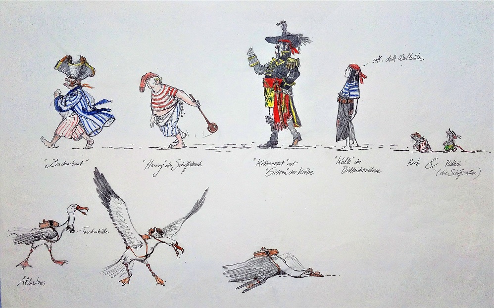 Farbige Skizzen von Piratenfiguren, gezeichnet von Doris Eisenburger