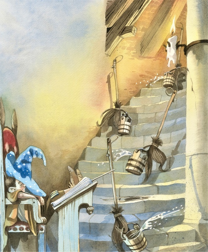 Die Besen bringen Wasser, während Zauberlehrling schläft, gemalt von Doris Eisenburger