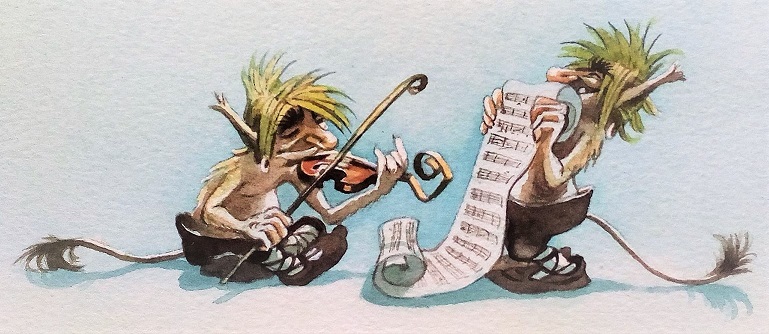 Trolle beim Geigenspiel, gemalt von Doris Eisenburger