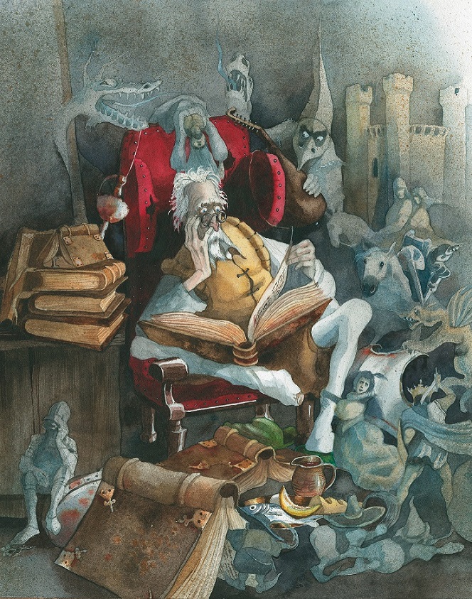 Don Quijote liest Ritterromane, gemalt von Doris Eisenburger