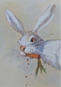 Der Hase mit er Möhre im Mund, gemalt von Doris Eisenburger