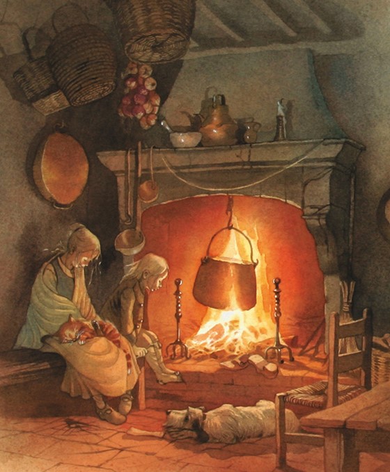 Kinder am Kaminfeuer, gemalt von Doris Eisenburger