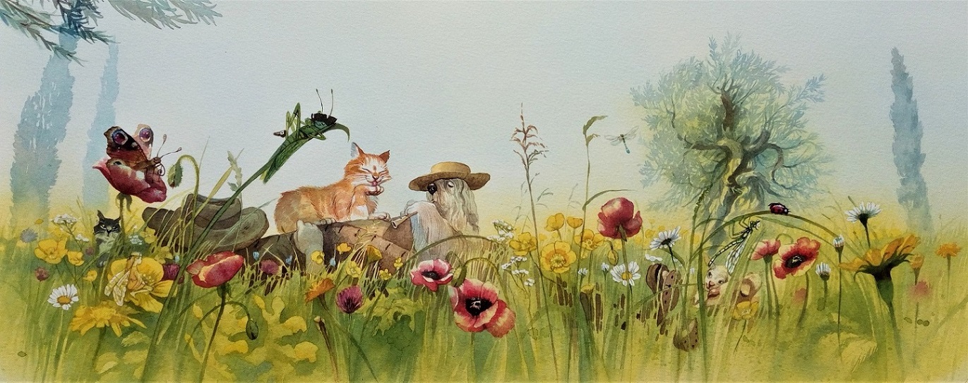 Katze Minka uf der blühenden Frühlingswiese, gemalt von Doris Eisenburger