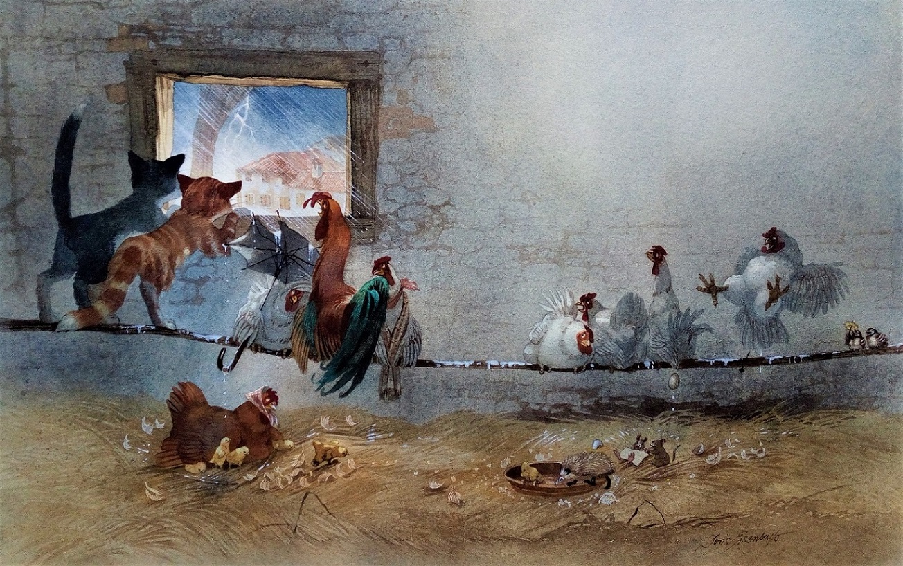 Im Hühnerstall mit Katzen und Hühnern, gemalt von Doris Eisenburger