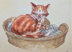 Katze Minka putzt sich im Korb, gemalt von Doris Eisenburger