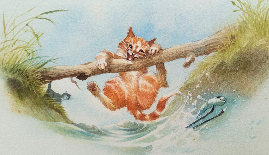 Kätzchen Minka am Bach, gemalt von Doris Eisenburger