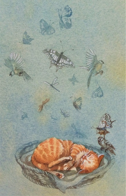 Kätzchen Minka schläft im Korb, gemalt von Doris Eisenburger