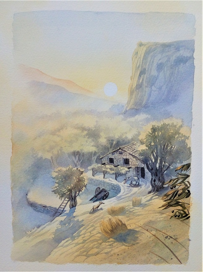 Sonnenaufgang auf dem Land in Griechenland, gemalt von Doris Eisenburger