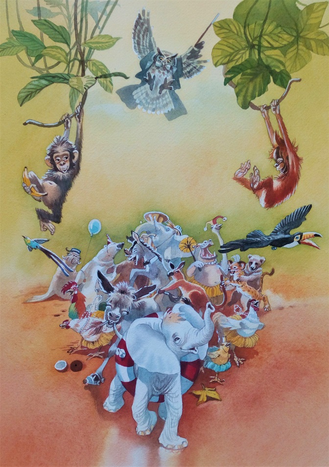 Titelbild zum Buch "Karneval der Tiere", gemalt von Doris Eisenburger