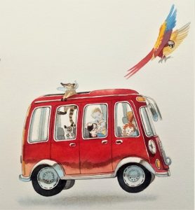 Der kleine rote Bus mit Insassen, gemalt von Doris Eisenburger