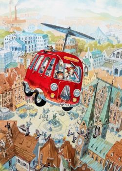 Titelld "Der klein rote Bus", gemalt von Doris Eisenburger