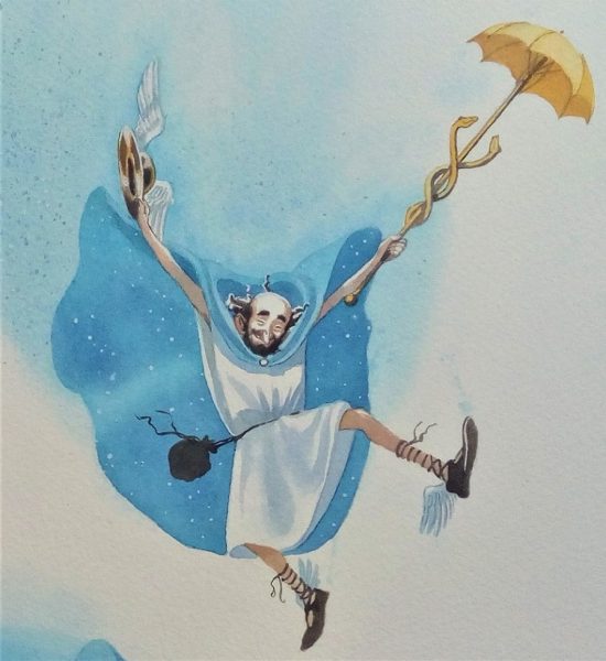 Götterbote Merkur mit Stab und geflügeltem Helm, gemalt von Doris Eisenburger